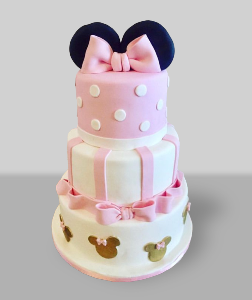Bolo Minnie 3 andares Branco e Cor de Rosa