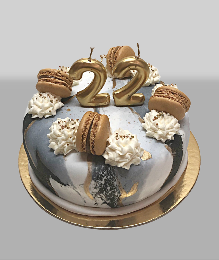 Bolo Mármore cinza e branco com Macaron