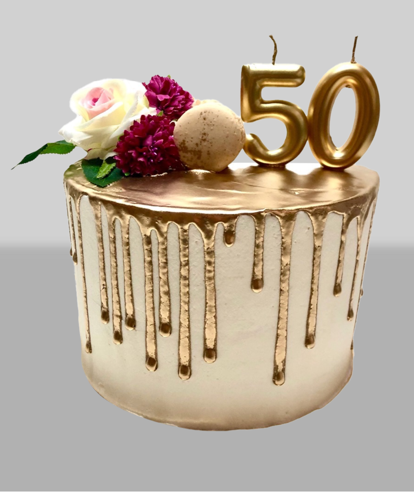 Bolo Drip Dourado com Flores