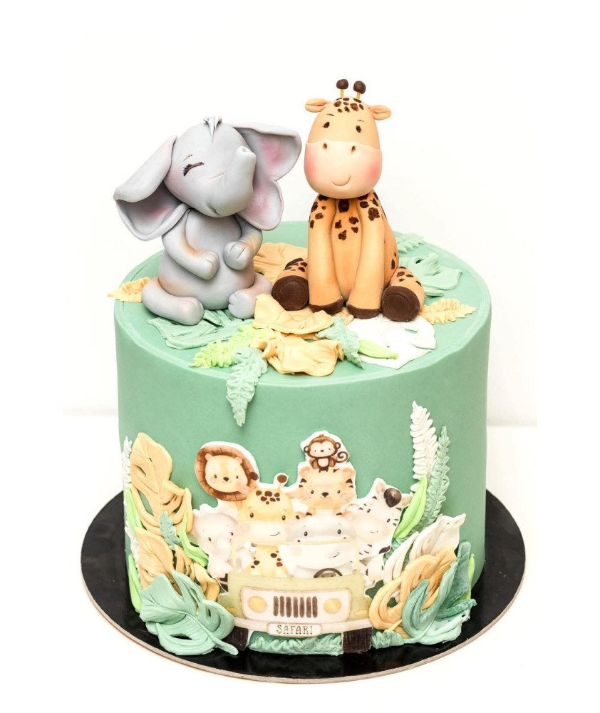 Bolo Verde Selva com Girafa e Elefante